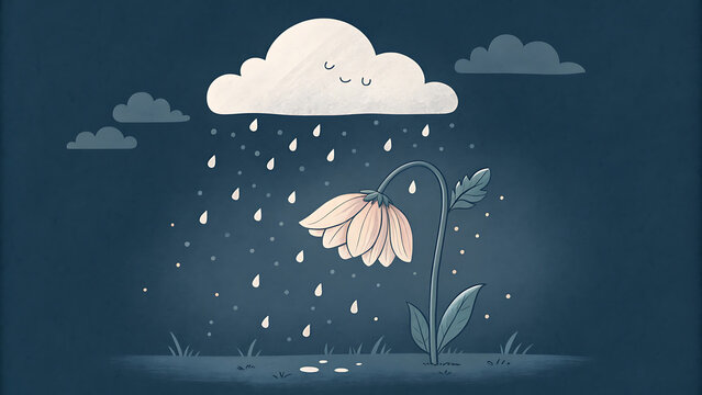 Wilted flower under a sad rain cloud in dark background