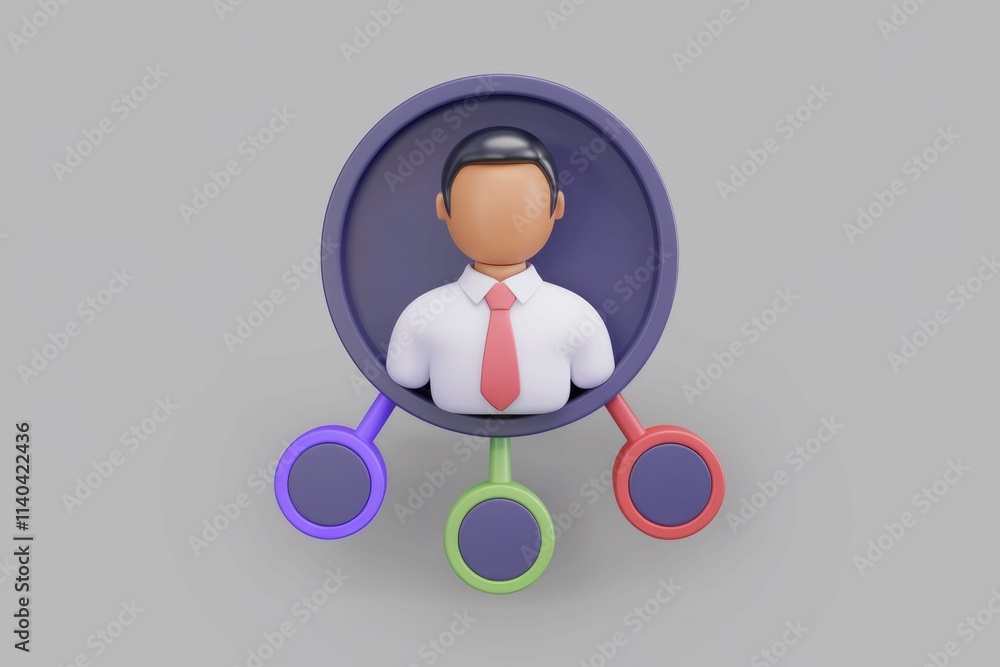 Poster 3D illustration of a businessman with three connection points  representing networking or teamwork.