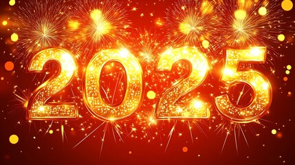 Golden fireworks burst over a red textured backdrop with bokeh lights for a Happy New Year 2025