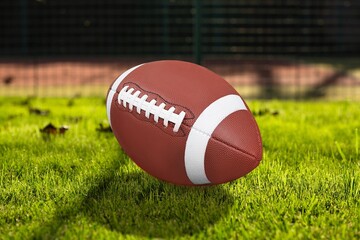 A brown leather ball American football on green field
