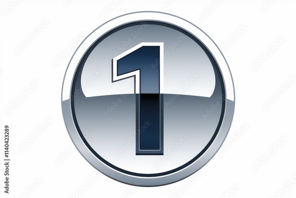 Aufkleber A metallic  circular button displaying the number one in a dark blue  three dimensional style.