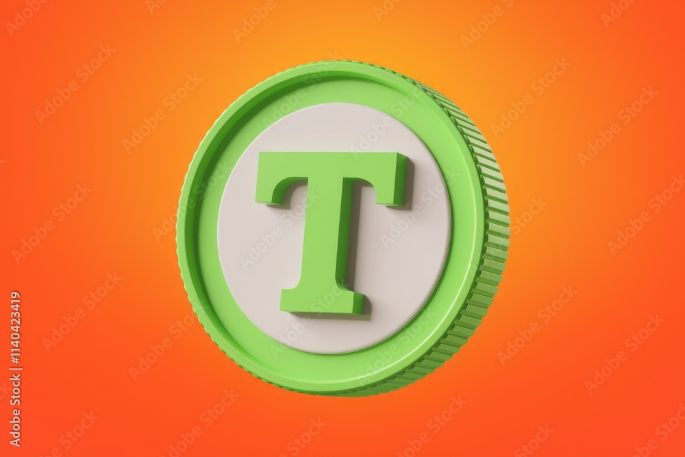 Poster a 3d rendering of a light green coin with a capital t in the center.