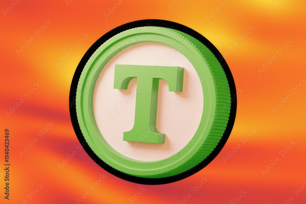 Poster 3d rendering of a green letter t in a circular badge against an orange background.