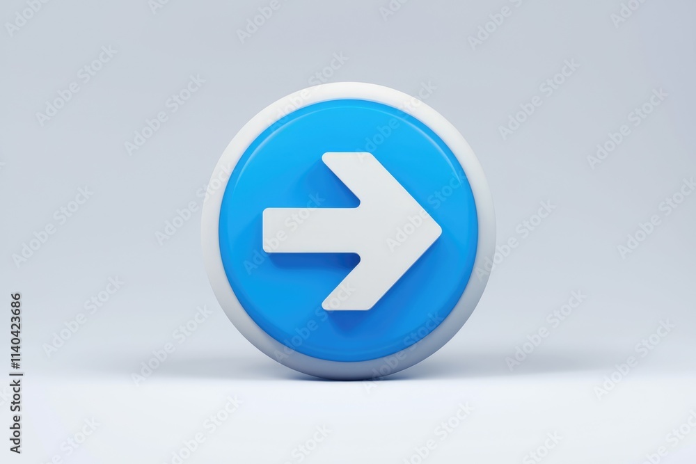 Poster Blue circle button with white right arrow symbolizing navigation.
