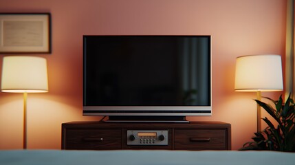 A cozy living space featuring a modern television on a wooden console, flanked by stylish lamps against a soft pink wall.
