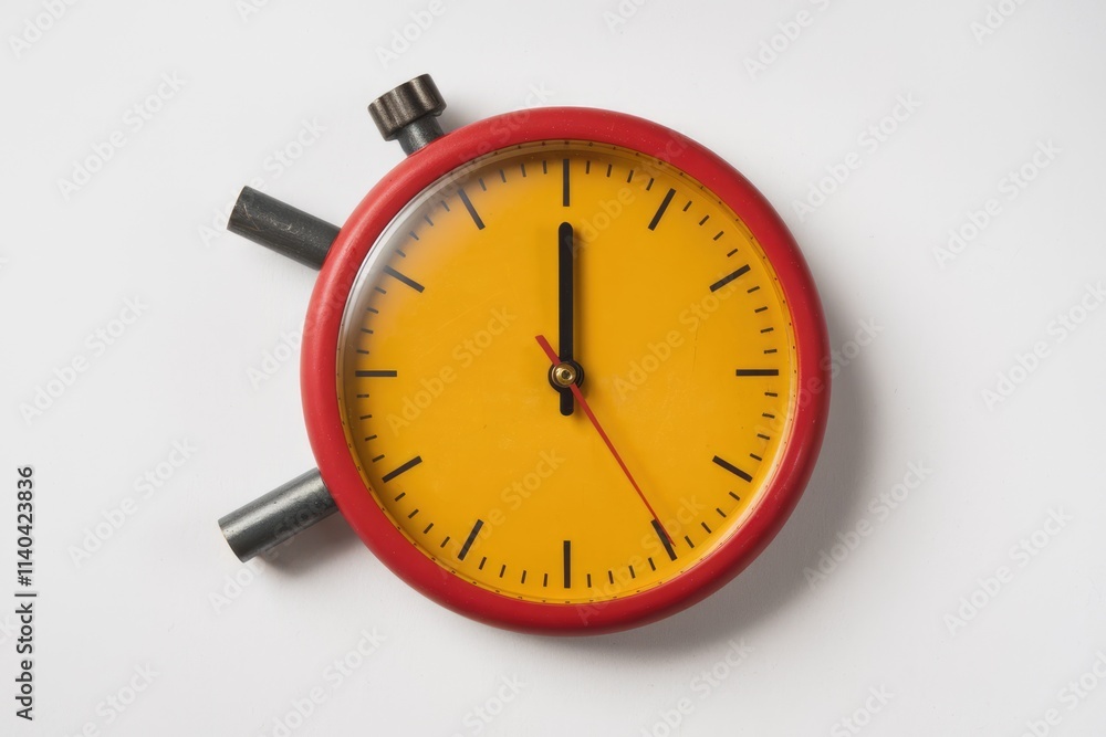 Poster A red and yellow analog clock shows the time as five minutes to twelve.