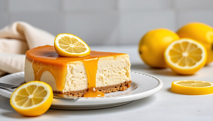 Honey and Lemon Cheesecake - A light and creamy cheesecake topped with a honey and lemon glaze. background copyspace