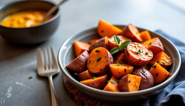 Turmeric Roasted Sweet Potatoes - Sweet potatoes roasted with turmeric and cumin for a fragrant and flavorful side dish. background copyspace