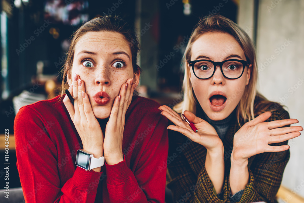 Poster half length portrait of excited hipster students shocked with big sales on website.emotionally amaze