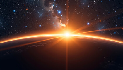 Space Horizon - The glowing edge of a planet rising against a galactic background. background copyspace