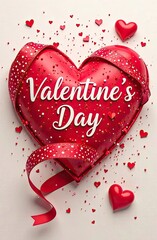 Beautiful red heart with red ribbon and Valentine's Day Inscription