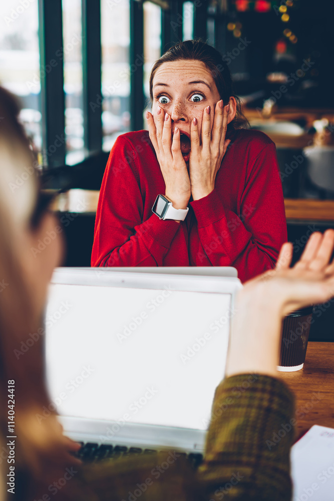 Aufkleber terrified young woman head scary secret during friendly conversation with colleague working remotely
