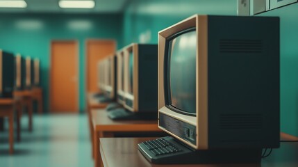 A row of vintage computers on wooden desks, showcasing retro technology against a teal wall, evoking nostalgia for the early computing era.