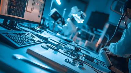 Satellite assembly process in high-tech facility. Precision engineering and advanced technology for space exploration and communication.