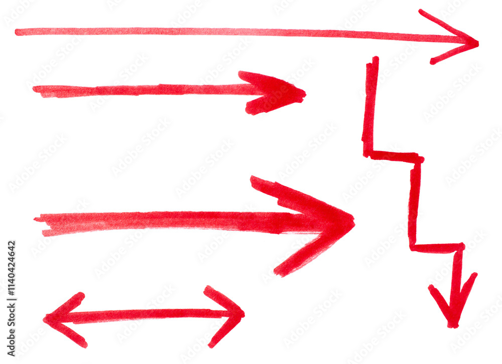Poster set of arrow sign drawn with red marker on transparent background