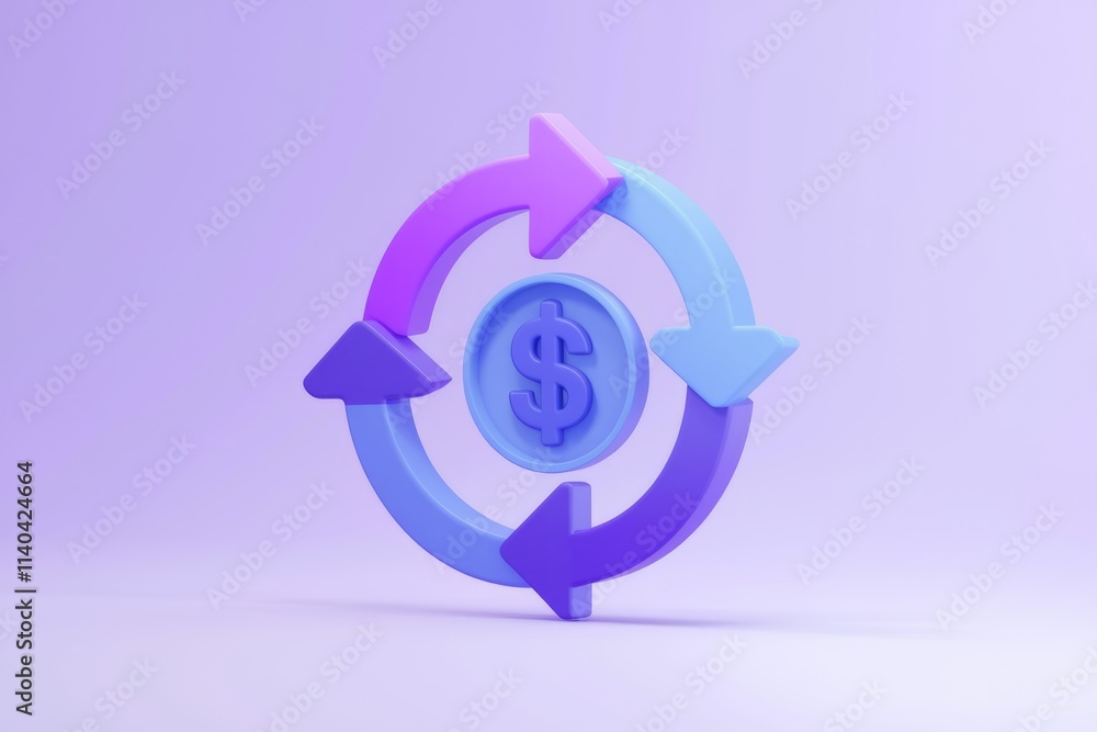 Poster Circular arrows around a dollar coin symbolize financial cycle  flow  and continuous growth.