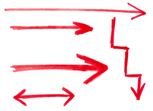 Set of arrow sign drawn with red marker on transparent background