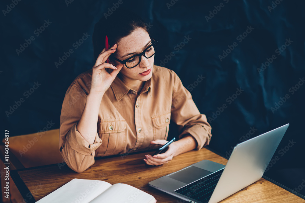 Aufkleber pensive hipster student reading information on websites and preparing for exam at laptop device conn