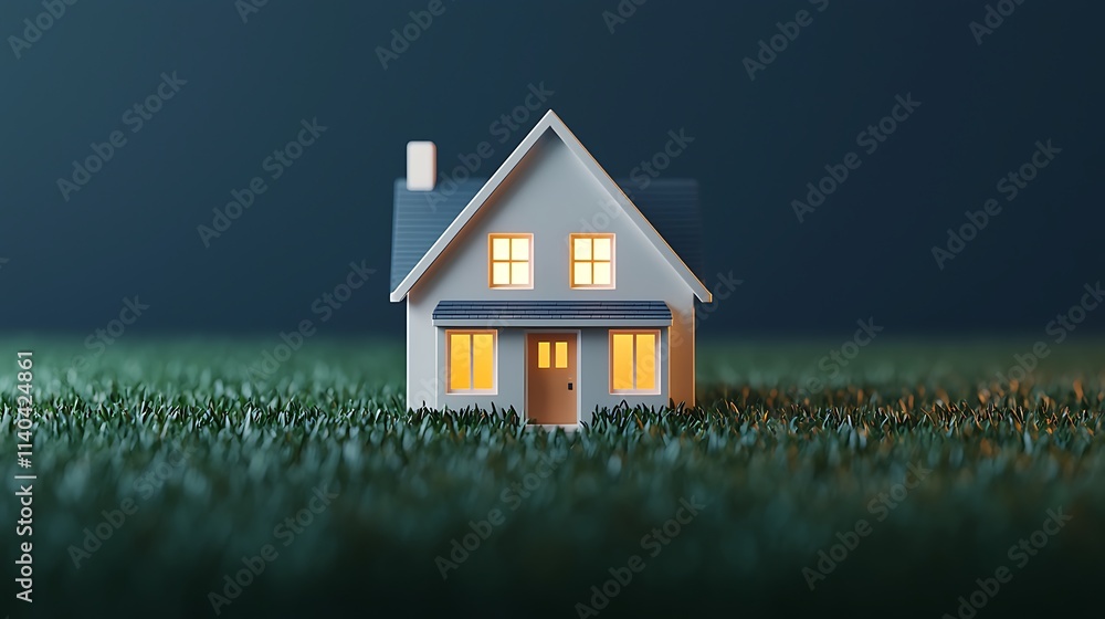 Poster a miniature house sits on a grassy surface, illuminated from within, creating a warm and inviting at