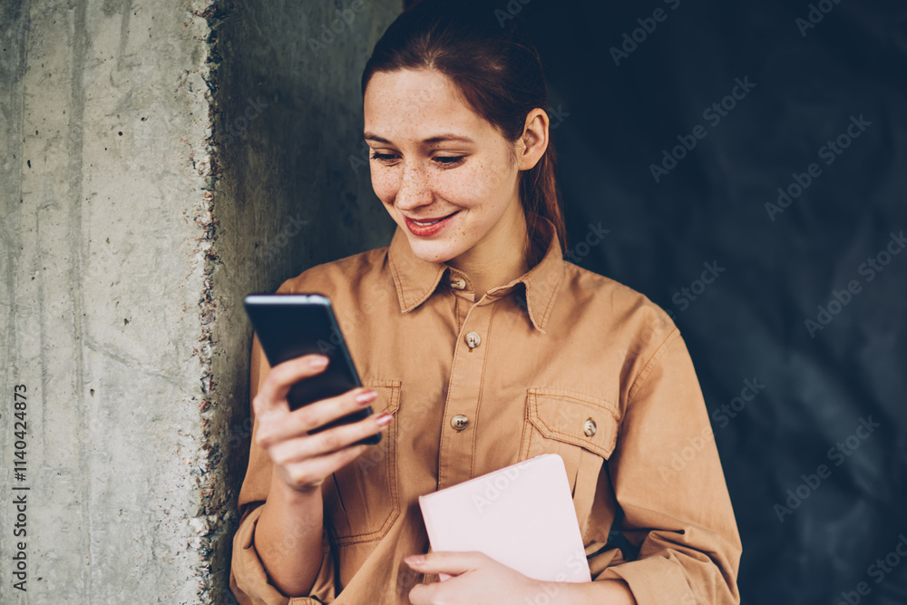Poster cheerful hipster blogger laughing while updating profile on smartphone device connected to 4g intern