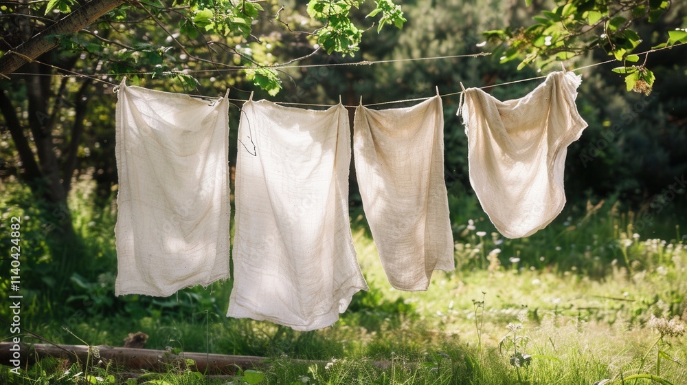 Aufkleber freshly washed linen hangs under sunlight on a clothesline surrounded by green trees and grass in a 
