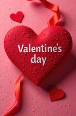 Beautiful red heart with red ribbon and Valentine's Day Inscription.