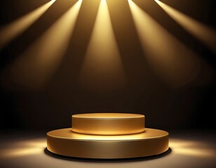 Gold background podium award stage light golden win 3D platform. Background luxury gold podium winner ceremony spotlight star abstract shine prize champion design product template