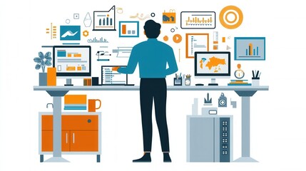 Fototapeta premium Flat Illustration of Remote Workers at Standing Desks in Office