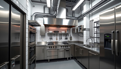 Industrial kitchen with stainless steel appliances and exposed pipes. background copyspace