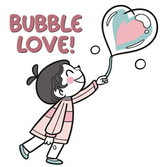 Cheerful Girl Enjoying Heart Shaped Bubble with Playful Expression in Colorful Style