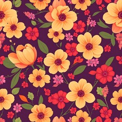Vibrant Floral Pattern: A seamless, captivating design featuring a vibrant array of orange and red flowers, set against a rich purple background.