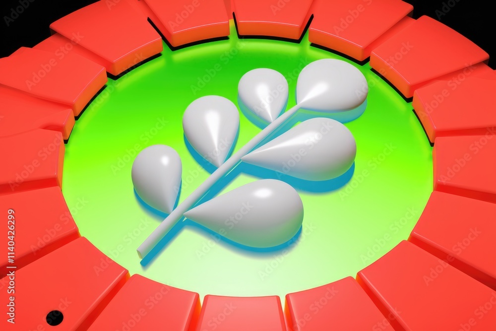 Poster 3d rendering of a stylized white plant branch on a vibrant green and red background.