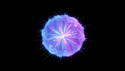 Fototapeta premium abstract orb-shaped with a blue and purple particle energy burst visual effect, layer overlay isolated on black and alpha transparent PNG background, asian style, with white tones