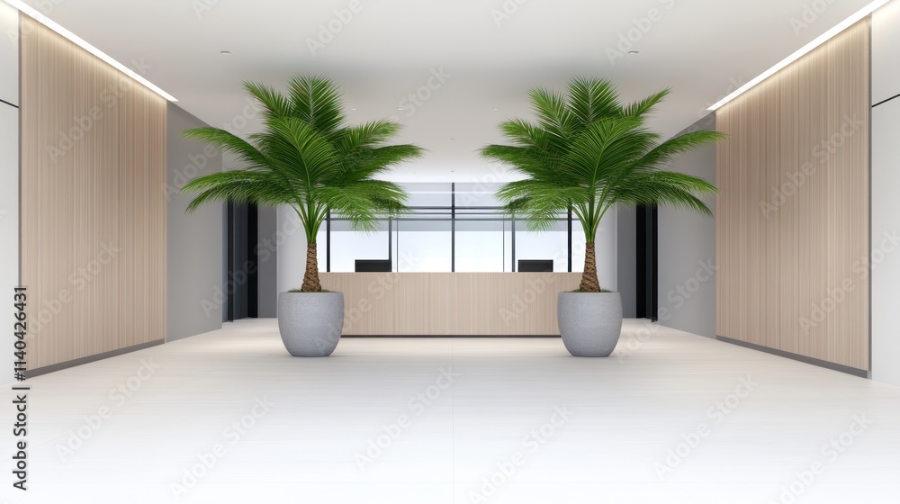 Poster modern lobby with palm trees and a reception desk.