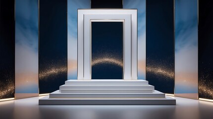 Elegant Podium Stage Design with Gold Accents and Blue Backdrop