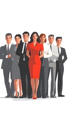 Fototapeta premium A group of business people standing, with one woman in a red dress as the leader