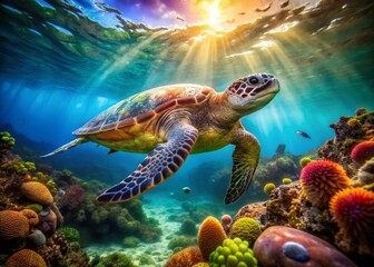 Fototapeta premium Green Sea Turtle Reef Ocean Underwater Photography, Swimming Turtle, Rocky Reef, Coral Reef, Marine Life, Ocean Wildlife, Sea Turtle Habitat, Underwater Scene, Tropical Ocean