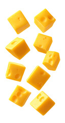Delicious cheese cubes in mid air png isolated on transparent background
