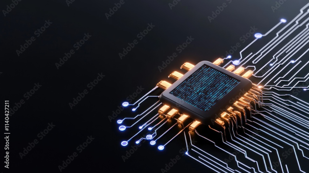Poster a close-up of a microchip with circuitry and glowing connections.