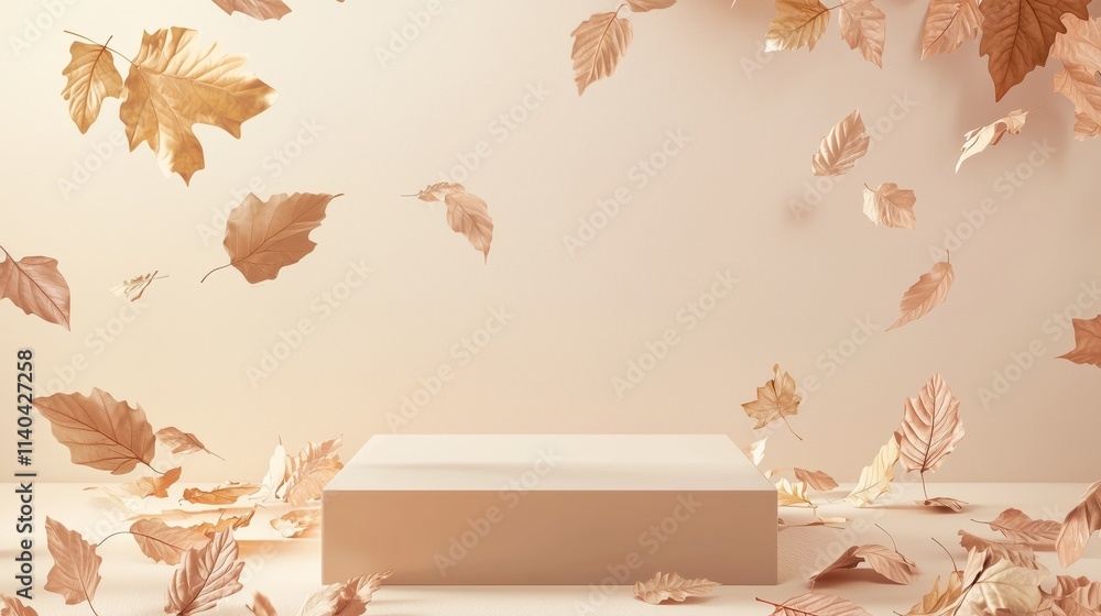 Poster stylish 3d podium with empty space framed by floating leaves in minimalist style
