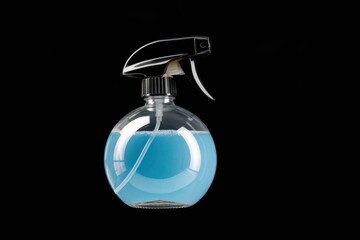Obraz premium A transparent spray bottle filled with light blue liquid isolated on a transparent background.