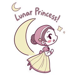 Cute Lunar Princess Character with Moon and Stars in Whimsical Style for Children's Art