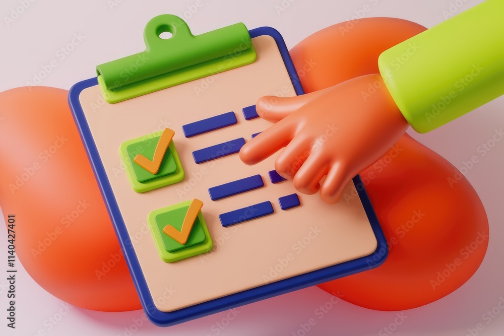 Poster A 3D rendered hand checks off items on a checklist  signifying task completion and organization.