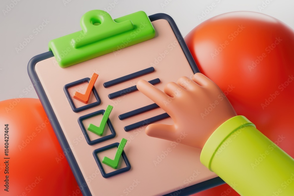 Fototapete 3D hand checking checklist  symbolizing progress and completion.
