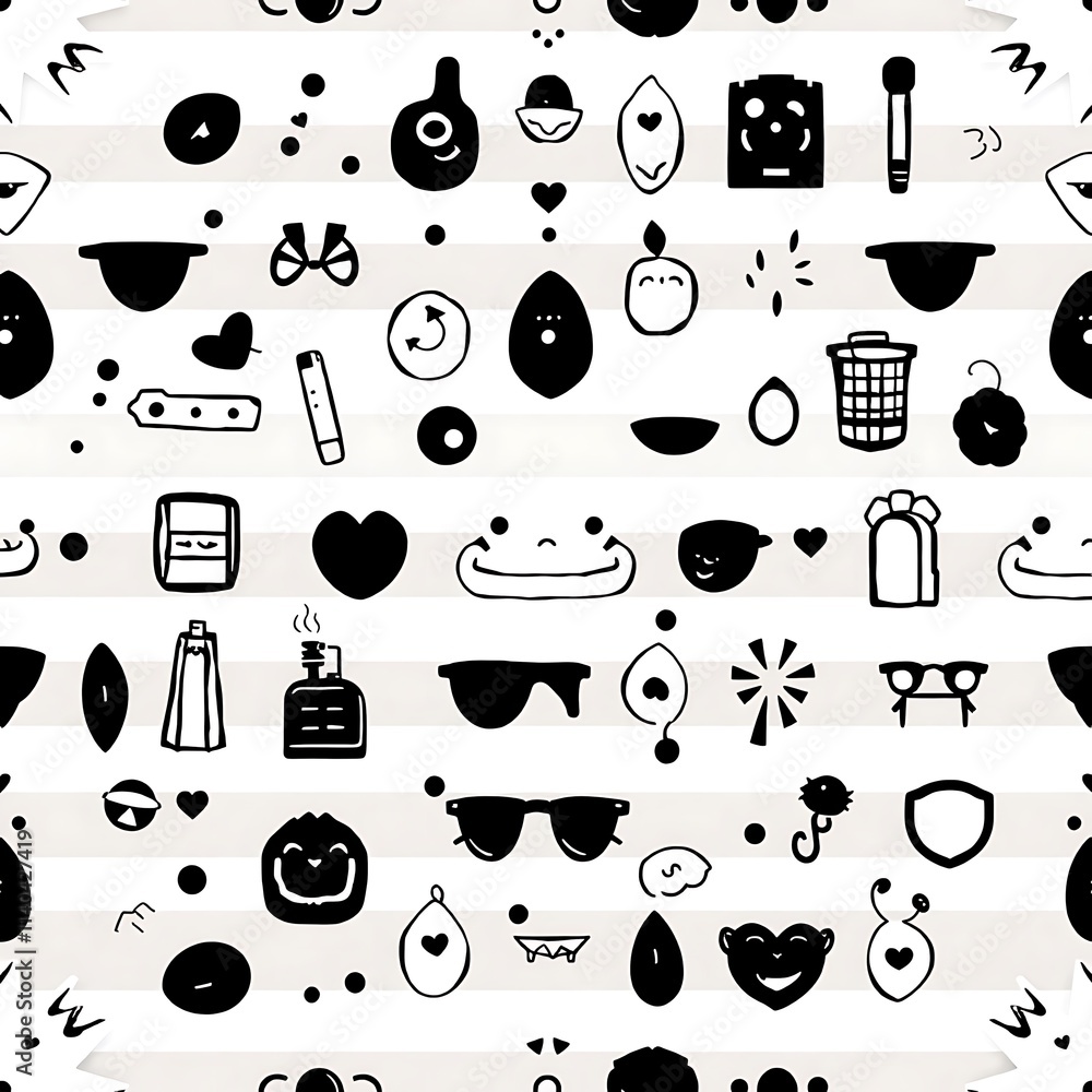 Poster whimsical doodle pattern: a cheerful and playful seamless pattern featuring a collection of cute and