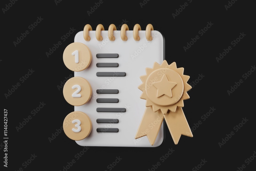 Aufkleber A 3D rendered notepad with numbered points and a gold award  signifying achievement or ranking.