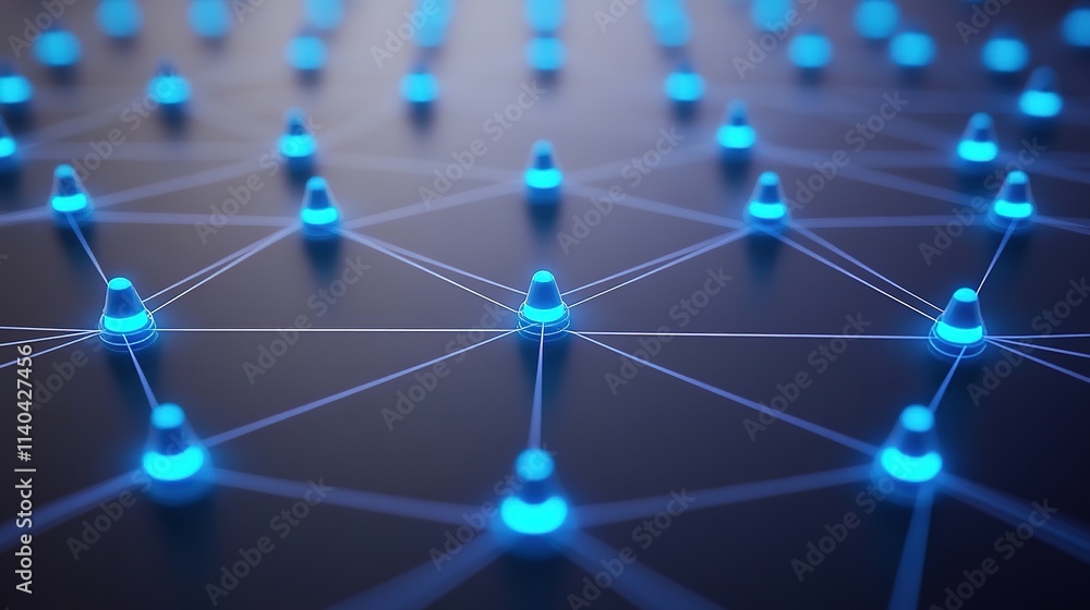 Poster blue nodes interconnected in digital network on dark background
