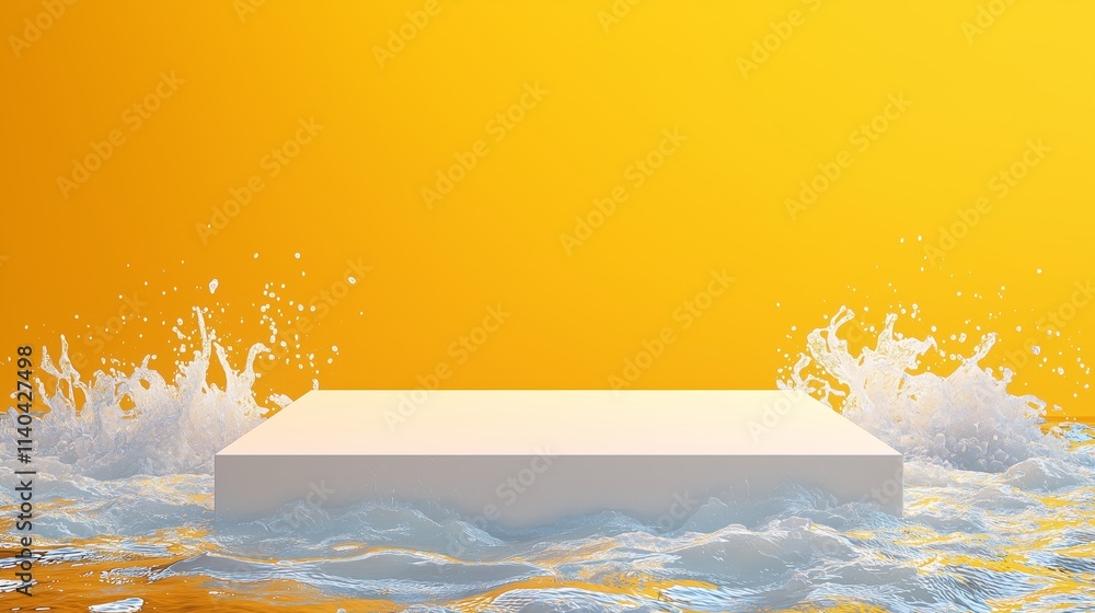 Poster stylish 3d podium in large empty area with splashing water background