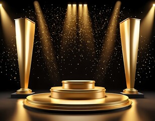 Gold background podium award stage light golden win 3D platform. Background luxury gold podium winner ceremony spotlight star abstract shine prize champion design product template