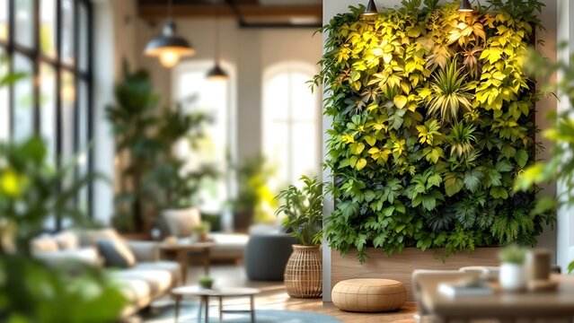 A tight shot of a green office wall, adorned with side-growing plants In the picture's depth, a table lies within the room background